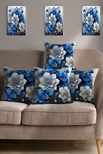 Ahsen Dekoratif Blue Background Blue White Flower Patterned Digital Printed Set of 4 Pillow and Throw Pillow Cases