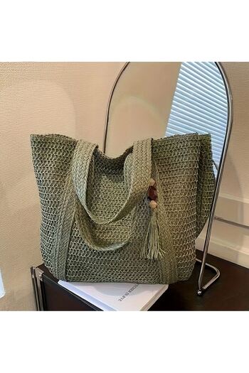 Büyük Hanım Large Size Straw Zippered Green Beach Bag