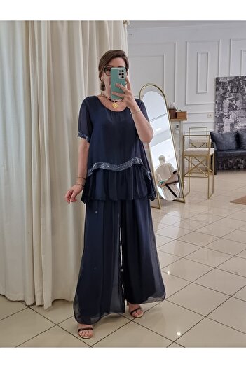 pudubutik Sequined Silk Trousers Navy Blue