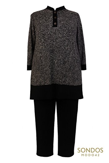 HESNA Black Striped Tunic and Trousers Set with Cups - Cut Size