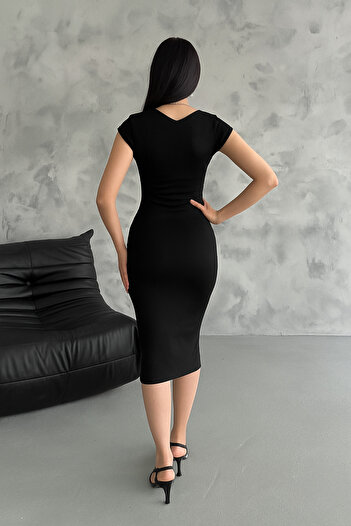 Shoebuo V-Neck Black Pencil Dress