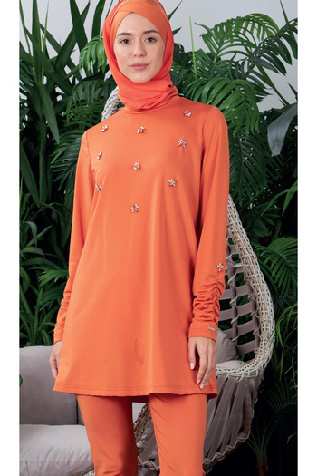 Moodbasic SW36.256 Moodbasic - Stone Detailed Gathered Sleeve Hijab Swimsuit