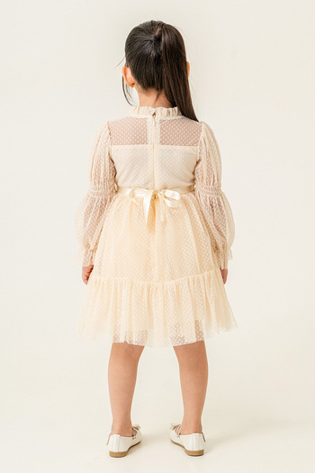 Eray Kids Girl's Evening Dress, Polka Dot Lace Gathered Cream, Bow Detail on the Back, 3-6 Years Old