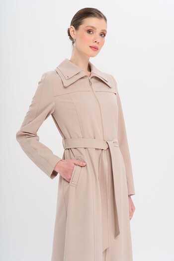 Olcay Zippered Lined Overcoat with Metal Accessories Bej 6722