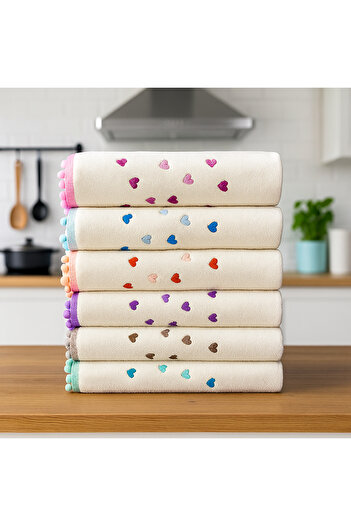 AYHANHOME Set of 6 30x50 Kitchen Towels with Pompom and Heart Embroidery