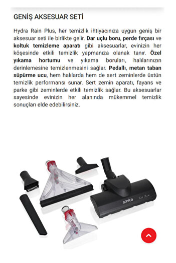 Arnica Hydra Rain Plus Su Filtreli Torbasız Süpürge & Halı Yıkama Makinesi 2400 Watt Turbo Fırçalı