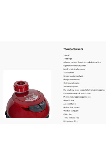 Arnica Hydra Rain Plus 2400 Watt Halı Yıkama Makinesi Kırmızı