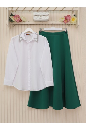Modamorfo Buttoned Casual Shirt with Stone Detail on the Collar - White