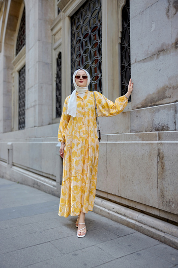 LOCCO Women's Floral Patterned Viscose Dress Yellow
