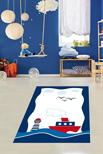 on the clouds Gemi Demiz Feneri Desenli Dijital Baskılı Kaymaz Taban Yıkanabilir Leke Tutmaz Mutfak Halısı