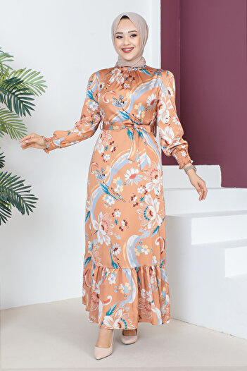 Tesettür Dünyası Long Hijab Dress with Sleeve Tip Detail Tsd230605 Tan