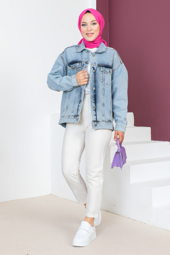 Tesettür Dünyası Denim Jacket with Print Detail on the Back TSD230635 Blue