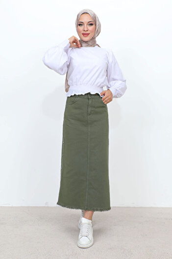 Tesettür Dünyası Denim Skirt with Flared Sides TSD22019 Khaki