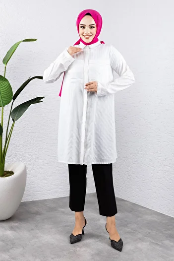 Tesettür Dünyası White Double Pocket Striped Tunic - Tsd 240951