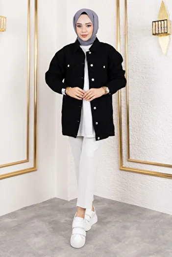 Tesettür Dünyası Buttoned Classic Denim Jacket Tsd 250105   Black