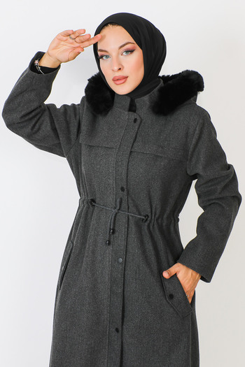 Tesettür Dünyası Full Length Hidden Zipper Stamp Coat TSD230911 Anthracite