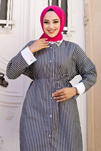Tesettür Dünyası Anthracite Striped Stone Detailed Tunic - TSD with Waist Tie240605