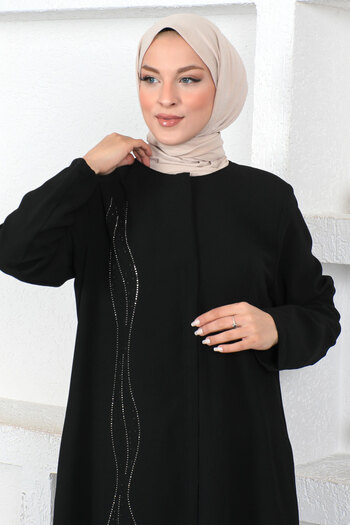 Tesettür Dünyası Wavy Front Sequin Embroidered Hijab Ferace Tsd230423 Black