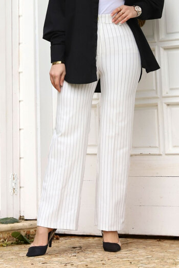 Tesettür Dünyası Wide Leg Striped Trousers TSD240115 White