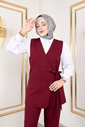 Tesettür Dünyası Belted Waist Vest Suit Tsd250159 Claret Red