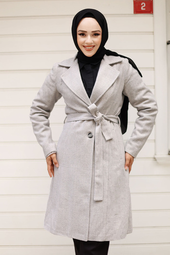Tesettür Dünyası Gray Double Buttoned and Waist Belted Coat - Tsd 240928