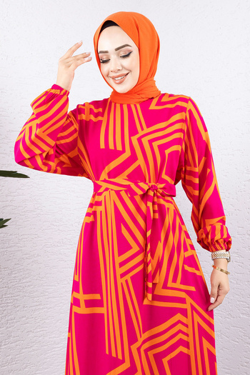 Tesettür Dünyası Stripe Patterned Viscose Long Hijab Dress Tsd240943 Orange