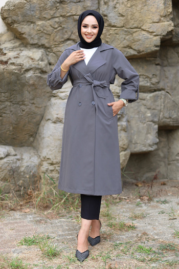 Tesettür Dünyası Gray Trench Coat - Fold Sleeve Detail, Tsd 240921