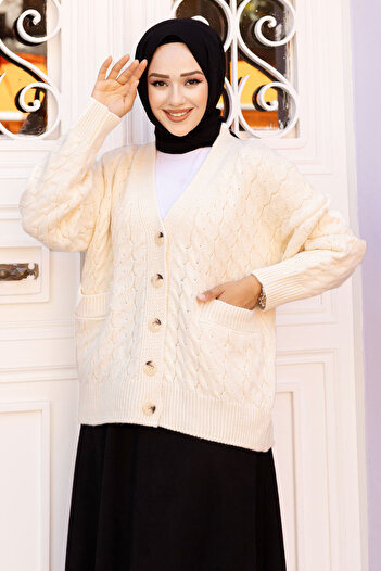 Tesettür Dünyası Beige Knitwear Cardigan - TSD with Buttons and Pockets 240716