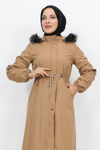 Tesettür Dünyası Medium Size Bondit Coat with Plush Lining TSD231114 Camel