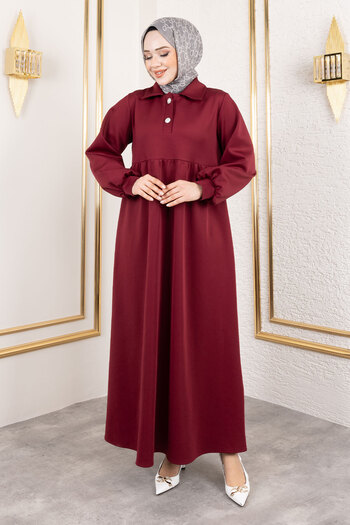 Tesettür Dünyası Scuba Long Hijab Dress Tsd250129 Burgundy