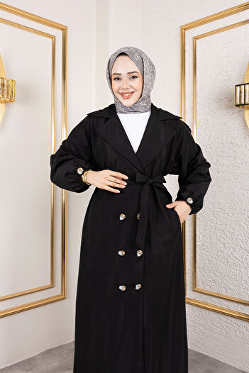Tesettür Dünyası Full Length Epaulet Detailed Trench Coat Tsd250149 Black