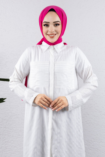 Tesettür Dünyası White Double Pocket Striped Tunic - Tsd 240951