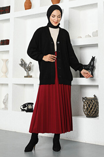 Tesettür Dünyası Belted Pleated Skirt Tsd220915 Claret Red