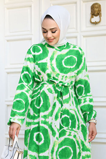 Tesettür Dünyası Batik Patterned Skirt Flounce Long Hijab Dress Tsd240209 Green