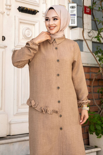 Tesettür Dünyası Ľanová tunika Tsd240506 Camel s detailným volánom na boku