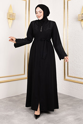 Tesettür Dünyası Belted Embroidered Abaya Tsd 250148   Black