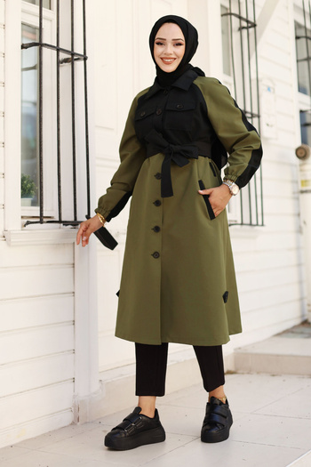 Tesettür Dünyası Green Double Colored Elastic Sleeve Trench Coat - Tsd 240812