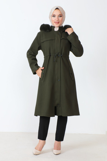 Tesettür Dünyası Hidden Zipper Stash Coat TSD230805 Khaki
