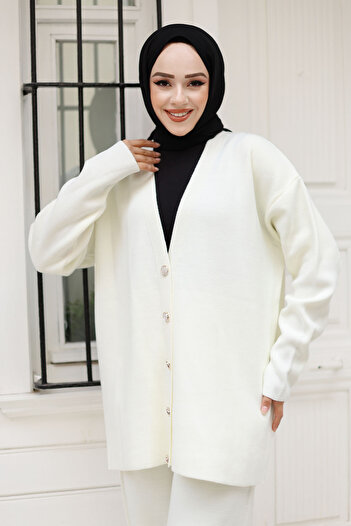 Tesettür Dünyası White Jewelled Buttoned Knitwear Cardigan Set - Tsd 240932