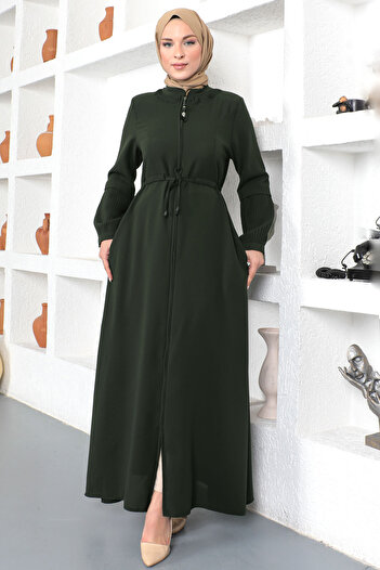Tesettür Dünyası Tie Waist Hijab Abaya Tsd230342 Khaki