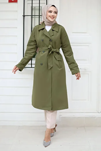 Tesettür Dünyası Green Trench Coat - Tsd with Buttons and Epaulet Detail 240901
