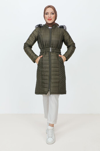 Tesettür Dünyası Medium Size Quilted Coat TSD231207 Khaki