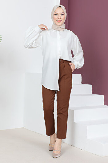 Tesettür Dünyası Belted Carrot Trousers TSD221012 Brown