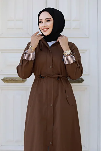 Tesettür Dünyası Bitter Brown Striped Trench Coat - Front Snap Lining Tsd 240926