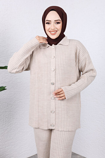 Tesettür Dünyası Beige Colored Front Buttoned Knitwear Set - Tsd 240936