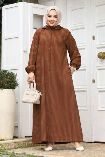Tesettür Dünyası Plus Size Removable Hooded Buttoned Ferace TSD240219 Brown