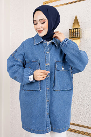 Tesettür Dünyası Blue Oversize Denim Jacket - with Bellows and Pockets