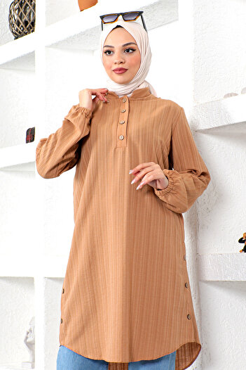 Tesettür Dünyası Tunic with Buttons on the Sides TSD230110 Tan