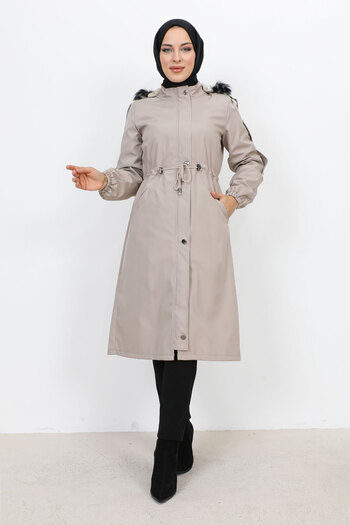 Tesettür Dünyası Medium Length Bondit Coat with Plush Lining TSD231114 Beige