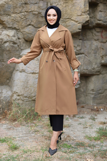 Tesettür Dünyası Tan Trench Coat - Fold Sleeve Detail, Tsd 240921